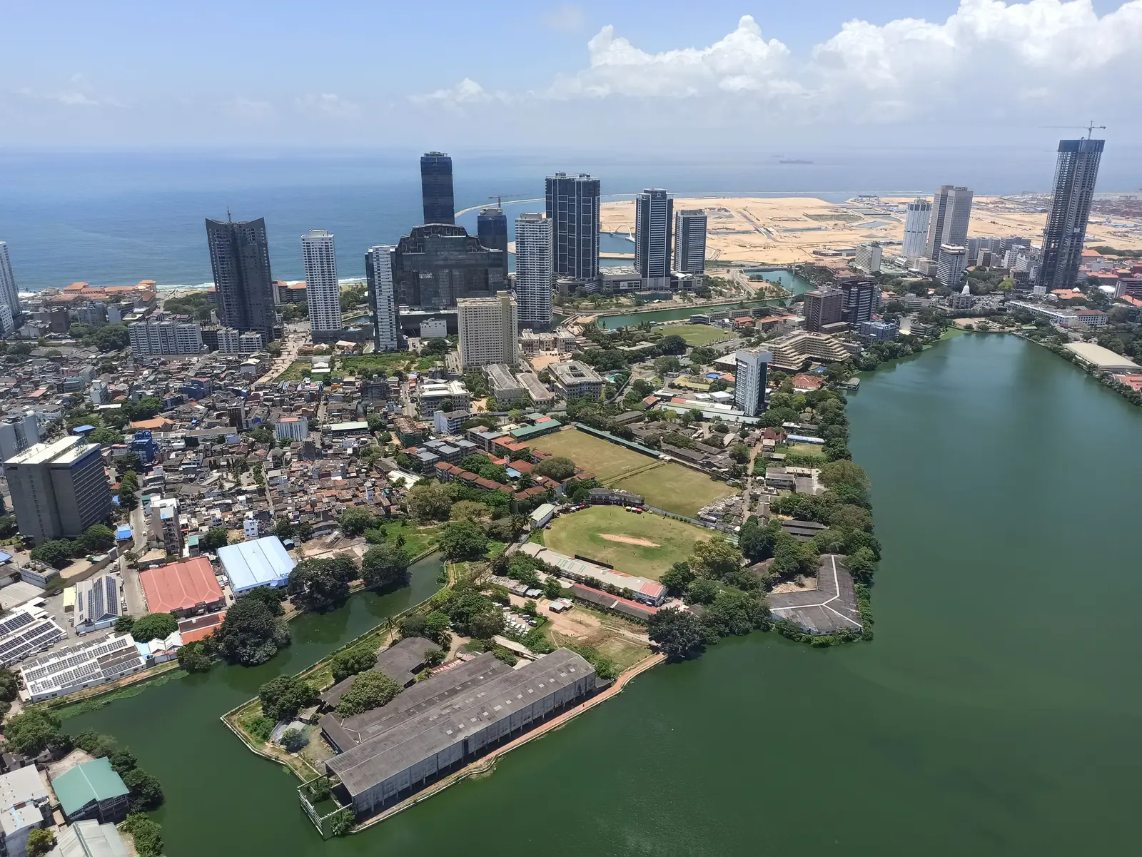 Aerial view of Colombo’s skyline and Beira Lake beside the Indian Ocean